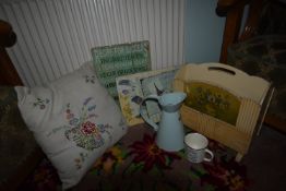 Newspaper Rack, Decorative Signs, Cushion, Enamelled Jug and Mug