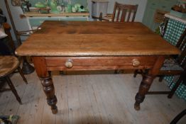Victorian Pine Kitchen Table with Single Drawer and Drop Leaf