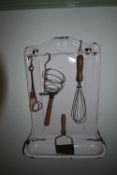 White Enamel Utensil Rack and Contents