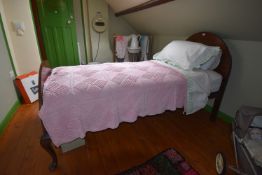1930’s Mahogany Veneered Single Bed with Crocheted Bed Cover, Original Bed Linen, and Feather