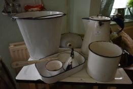 Enamel Ware Including Bucket, Watering Cans, Large Jug, and Utensils, etc.