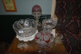 Cut Glass Lead Crystal Fruit Bowl, Covered Dishes, and a Lustre Lamp, etc.