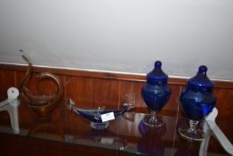 Vintage Decorative Blue Glass Vases with Lids, Murano Gondola, and Swirly Vase