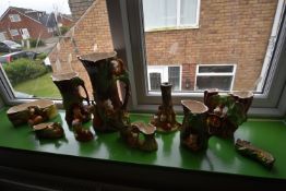 Collection of Withernsea Ware Pottery Vases and Flower Holders with Fauns, Squirrels, and Rabbits
