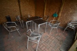 *Three Polished Aluminium Square Tables 60x60cm on Tubular Frames, and Six Aluminium Tubular