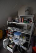 *Aluminium Four Tier Shelving Unit and Contents of Various Plumbing Fittings, Lightbulbs, etc.