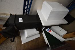 Quantity of Small White Pedestals and an Advertisement Stand