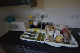 *QT Domestic Microwave Oven, Assorted Cutlery, Cups, and Other Loose Items