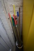 *Assorted Aluminium Mop Shafts, Sweeping Brushes, and a Mop Bucket