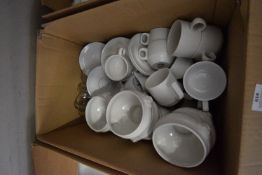 Box of Assorted Plain White Cups, Plates, etc.