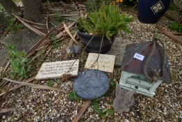 *Copper Topped Bird Table, Three Garden Signs, and a Planter