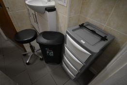 *Plastic Four Drawer Storage Unit, Flip Top Waste Bin, and a Stylists Stool