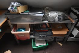 *Two Tier Aluminium Shelving Unit and Contents to Include Black & Decker Bit Set, Digital Radio