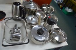 Stainless Steel Cookware Including Pans, Kettle, e
