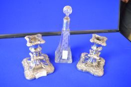 Pair of Silver Plated Candlesticks plus Glass Bottle with Sterling Silver Collar (AF)