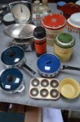 Vintage Kitchenware Including Enamel Pans, Storage
