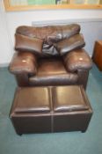 Brown Leather Armchair, and a Faux Leather Storage Stool