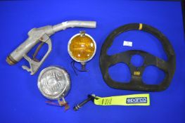 Vintage Motor Parts Including Petrol Pump and Car Lamps