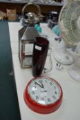 Lantern, Clock, and a Retro Glass Jug