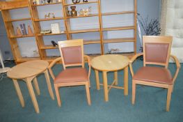 Two Circular Tables and Two Beechwood Reception Chairs