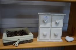 Miniature Chest of Drawers, Pinecones, etc.