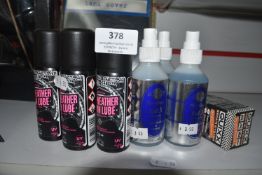 *5x 50ml of Muc-Off All Weather Chain Lube, 3x 100ml of Lid X Helmet Sanitiser, and a Tube of