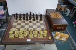 Custom Built Chess Set with Glass Topped Leather Board, Custom Box, and Jacques Timer