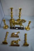 Brass Candlesticks and Horse Ornaments