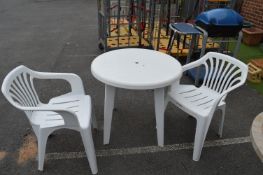 White Plastic Garden Table and Two Stacking Chairs