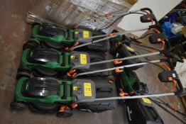 *Three Hawksmoor Battery Lawnmowers On Batteries or Chargers (salvage)