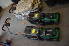 *Two Hawksmoor Battery Lawnmowers with Four Batteries and Two Chargers (salvage)
