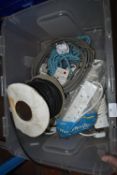 Box Containing Coaxial Cable, Various Extensions, Rope, and Cables