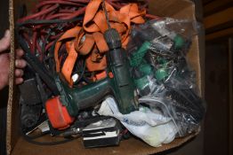 Box of Ratchet Straps, Drill, Garden Irrigation Equipment, etc.