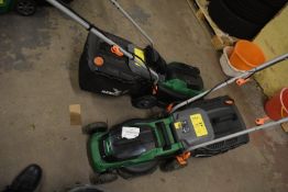 *Two Hawksmoor Battery Lawnmowers with Three Batteries and One Charger (salvage)