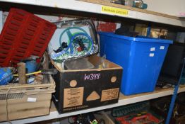 Contents of Shelf to Include Three Boxes of Various Tools, Garden Sprayer, Lin Bins, Grundig TV,