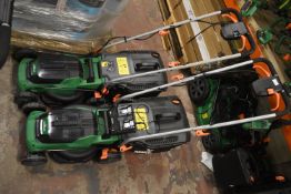 *Two Hawksmoor Battery Lawnmowers with Three Batteries and One Charger (salvage)
