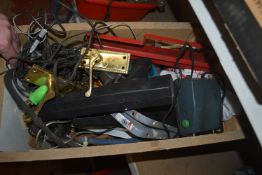 Wooden Crate Containing Strobe Light, Battery Chargers, Brass Door Handles and Brackets, etc.