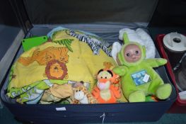 Suitcase Containing Soft Toys and Children's Beddi