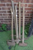 Vintage Wooden Handle Pickaxes, Mallet, and an Axe