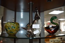 Three Glass Paperweight Including Birds etc.