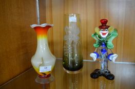 Two Glass Vases and a Murano Clown