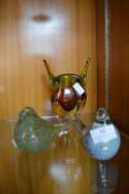 Two Glass Bird Paperweights and a Vase