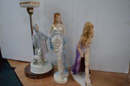 Pottery Table Lamp and Two Composite Figurines