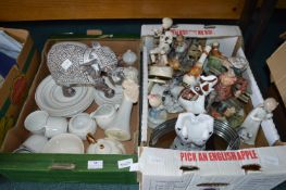 Two Boxes of Pottery Items Including Elephant Orna