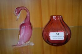 Cranberry Glass Vase and Murano Glass Goose