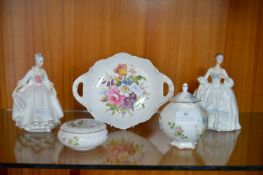 Two Royal Doulton Figurines, and Three Aynsley Pots