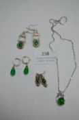 Sterling Silver & Green Gemstone Pendant & Chain, plus Three Pairs of Earrings