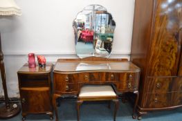 Serpentine Gass Topped Dressing Table with Mirror and Stool, pus a Bedside Cabinet (matching lot