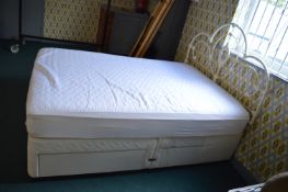 Double Divan Bed with Four Drawers, Myers Conformer Mattress, and White Metal Headboard