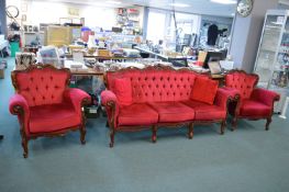 Three Piece Suite with Carved Wooden Frame and Burgundy Upholstery Comprising Two Seat Sofa, and Two
